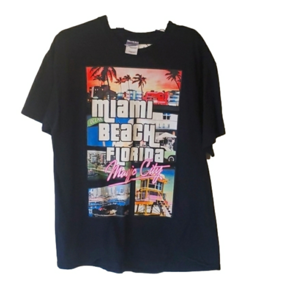 Miami Beach Florida 80s 90s neon pink grand theft auto style t shirt